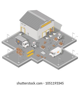 Isometric modern warehouse with goods, cartons, trucks and forklifts, pallets and shelves. Storehouse flat isolated vector illustration on white background