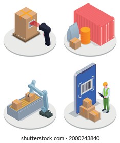 Isometric Modern Warehouse Icon Set Scanner Storage Bin Robotic Arm Worker Checks Boxes Against Scanner On Round Stand Vector Illustration