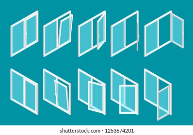 Isometric modern white plastic windows set with transparent glass. Vector illustration of open and close window.