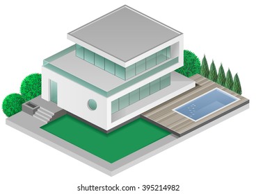 Isometric modern white villas with swimming pool in the yard