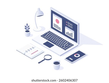 Isometric a modern workspace featuring a laptop displaying data analytics, a smartphone, a notebook, a magnifying glass, and a coffee cup. vector illustrator.
