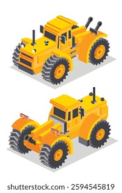 Isometric modern yellow agricultural tractor, front and rear views. Vector illustration isolated on a white background.