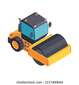 Isometric modern yellow road roller on white background vector illustration