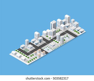 Isometric module of the modern 3D city. Winter landscape snowy trees, streets. Three-dimensional views of skyscrapers, houses, buildings and urban areas with transport roads, intersections