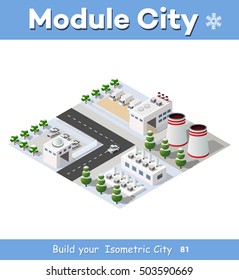 Isometric module of the modern 3D city. Winter landscape snowy trees, streets. Three-dimensional views of houses, buildings and urban areas with transport roads,