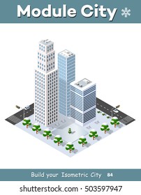 Isometric module of the modern 3D city. Winter landscape snowy trees, streets. Three-dimensional views of skyscrapers, houses, buildings and urban areas with transport roads, intersections