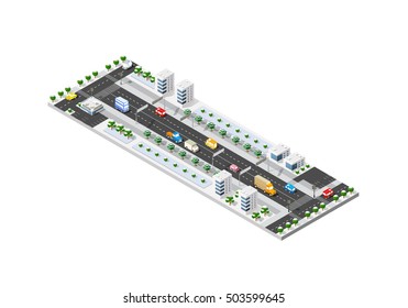 Isometric module of the modern 3D city. Winter landscape snowy trees, streets. Three-dimensional views of urban areas with transport roads, intersections
