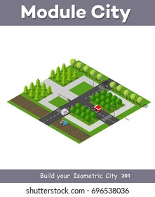 Isometric modules for construction the urban area of the city infrastructure with nature, forest, transport, and trees