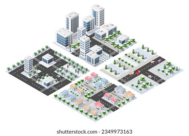 Isometric modules of the modern 3D city. Winter landscape snowy trees, streets. Three-dimensional views of skyscrapers, houses, building and urban areas with transport roads, intersections