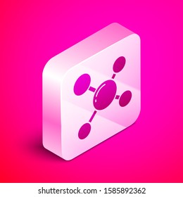 Isometric Molecule icon isolated on pink background. Structure of molecules in chemistry, science teachers innovative educational poster. Silver square button. Vector Illustration