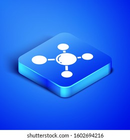 Isometric Molecule icon isolated on blue background. Structure of molecules in chemistry, science teachers innovative educational poster. Blue square button. Vector Illustration