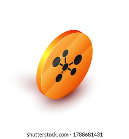 Isometric Molecule icon isolated on white background. Structure of molecules in chemistry, science teachers innovative educational poster. Orange circle button. Vector