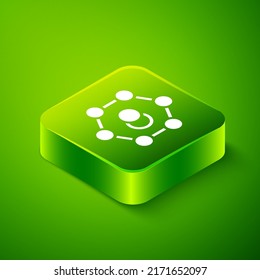 Isometric Molecule icon isolated on green background. Structure of molecules in chemistry, science teachers innovative educational poster. Green square button. Vector