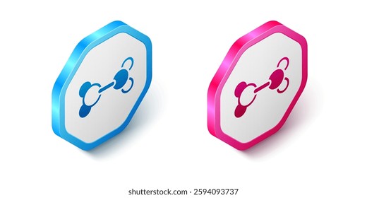 Isometric Molecule icon isolated on white background. Structure of molecules in chemistry, science teachers innovative educational poster. Hexagon button. Vector