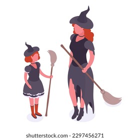 Isometric mom and daughter wearing witch costumes. Halloween party masquerade characters, trick or treat night 3d vector illustration