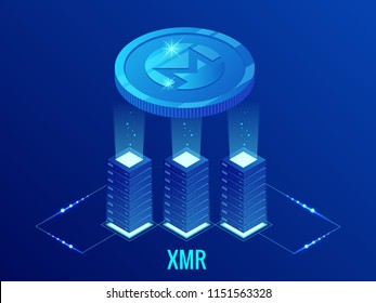 Isometric Monero XMR Cryptocurrency mining farm. Blockchain technology, cryptocurrency and a digital payment network for financial transactions. Abstract blue background.