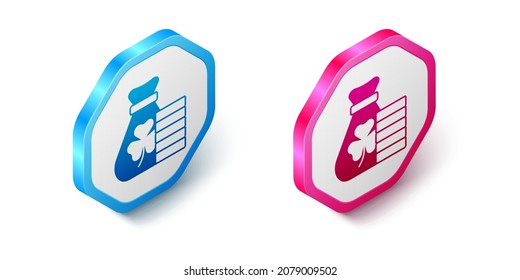 Isometric Money bag with clover trefoil leaf icon isolated on white background. Happy Saint Patricks day. National Irish holiday. Hexagon button. Vector