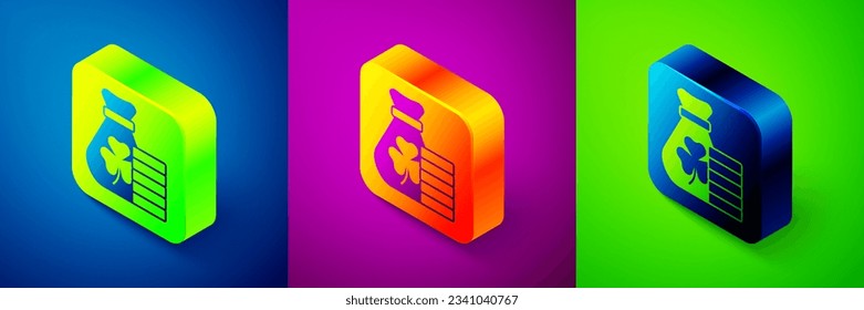 Isometric Money bag with clover trefoil leaf icon isolated on blue, purple and green background. Happy Saint Patricks day. National Irish holiday. Square button. Vector