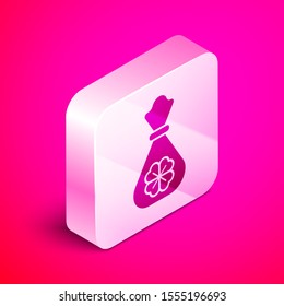 Isometric Money bag with four leaf clover icon isolated on pink background. Cash Banking currency sign. Happy Saint Patricks day. Silver square button. Vector Illustration