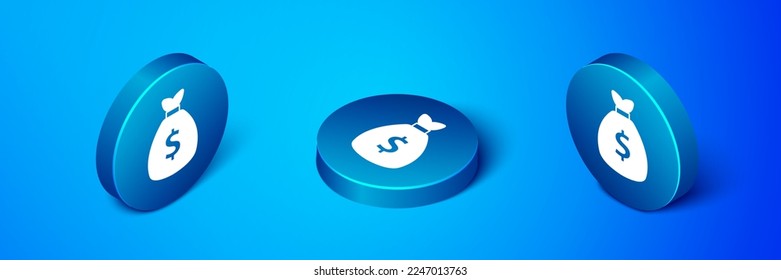 Isometric Money bag icon isolated on blue background. Dollar or USD symbol. Cash Banking currency sign. Blue circle button. Vector