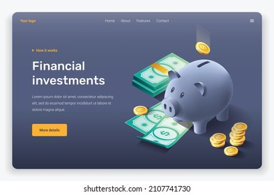 Isometric money, banknotes, coins and piggy bank. Landing page template.