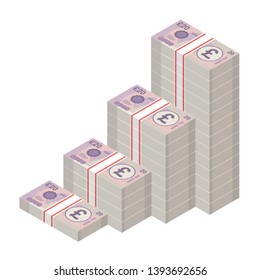 Isometric money banknotes stacks rising up graph. Big pile of 20 pound sterling bills. Cash flow stairs. Business concept profit growth. Vector illustration