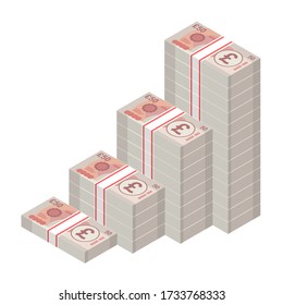 Isometric Money Banknotes Stacks Rising Up Graph. Big Pile Of 50 Pound Sterling Bills. Cash Flow Stairs. Business Concept Profit Growth. Vector Illustration