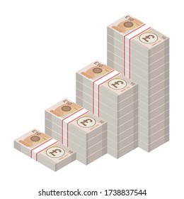 Isometric money banknotes stacks rising up graph. Big pile of 10 pound sterling bills. Cash flow stairs. Business concept profit growth. Vector illustration