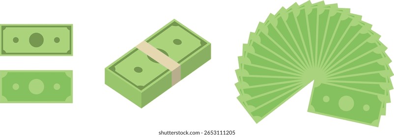 Isometric money bundle and fanned-out banknote illustrations in flat style, green dollar stack vector set for finance apps, business concepts, savings and investment graphics