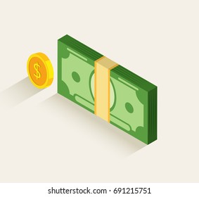 Isometric Money And Coin. Vector Illustration