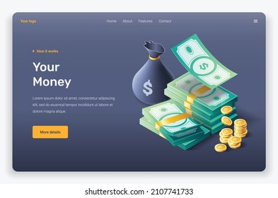 Isometric money and coins. Landing page template.