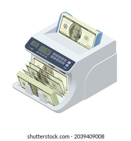 Isometric Money Counting Machine. LED Display Shows The Count Of The Bills. Digital Electronic Money Counter Currency Counting Machines With Automatic Fake Note Detection. Large Amounts Of Money