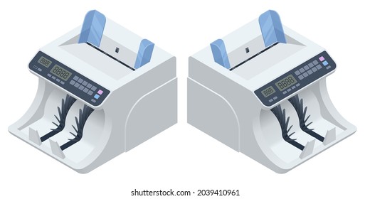 Isometric Money Counting Machine. LED Display Shows The Count Of The Bills. Digital Electronic Money Counter Currency Counting Machines With Automatic Fake Note Detection. Large Amounts Of Money