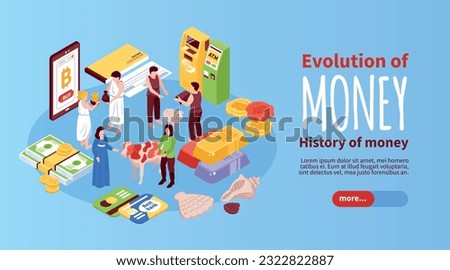 Isometric money evolution horizontal banner with slider more button editable text and human characters with money vector illustration
