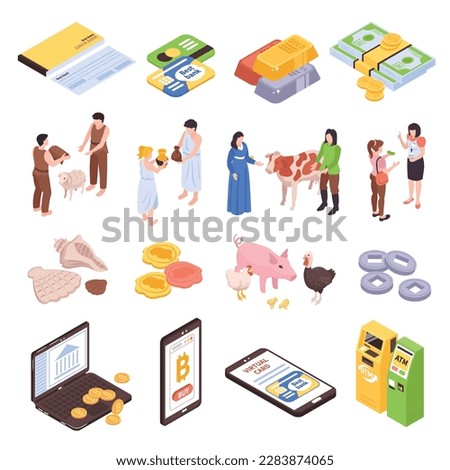 Isometric money evolution set of isolated icons with modern and ancient monetary means and exchange goods vector illustration