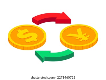 Isometric money exchange icon. Dollar to Yen cash exchange. Gold coins with circle arrows sign. 3d Cash, currency transfer, money conversion, banking concept. Vector currency exchange symbol