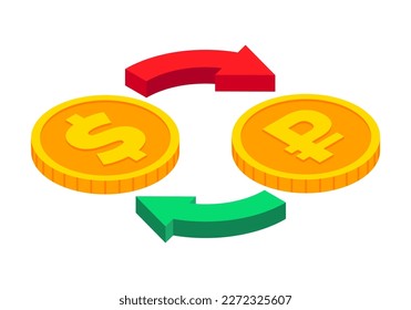 Isometric money exchange icon. Dollar to Rouble cash exchange. Gold coins with circle arrows sign. 3d Cash, currency transfer, money conversion, banking concept. Vector currency exchange symbol