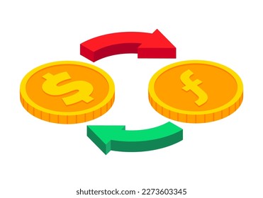 Isometrisches Geldwechselsymbol. Dollar in den Niederländischen Antillean-Guthaben-Austausch. Goldmünzen mit Kreispfeilen-Zeichen. 3d Bargeld, Devisentransfer, Geldumrechnung. Vektorwährungszeichen