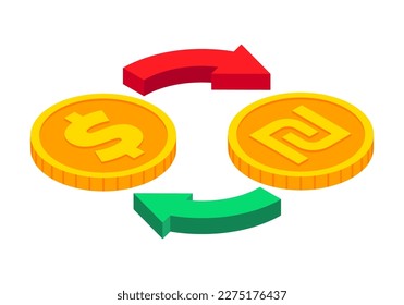 Isometric money exchange icon. Dollar to Shekel cash exchange. Gold coins with circle arrows sign. 3d Cash, currency transfer, money conversion, banking concept. Vector currency exchange symbol