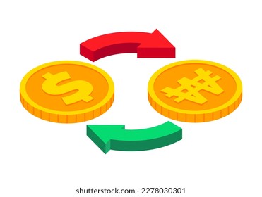 Isometric money exchange icon. Dollar to Won cash exchange. Gold coins with circle arrows sign. 3d Cash, currency transfer, money conversion, banking concept. Vector currency exchange symbol