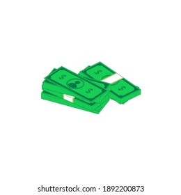 Isometric money heap. Vector illustration of stack of green banknotes isolated on white backround. Flat currency for investment, payment and savings concept