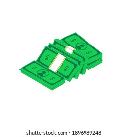 Isometric money heap. Vector illustration of stack of green banknotes isolated on white backround. Flat currency for investment, payment and savings concept