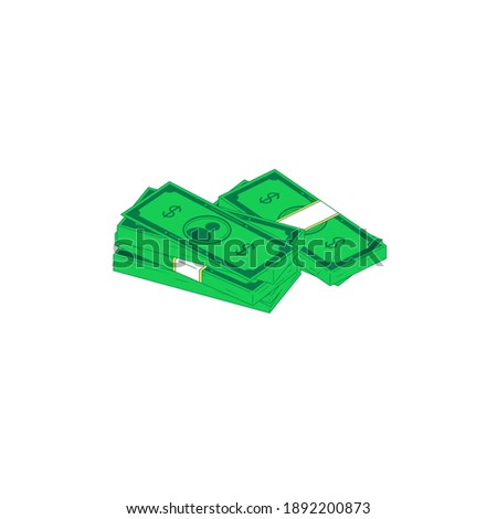 Isometric money heap. Vector illustration of stack of green banknotes isolated on white backround. Flat currency for investment, payment and savings concept