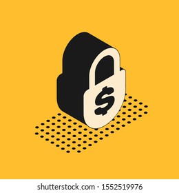 Isometric Money lock icon isolated on yellow background. Padlock and dollar symbol. Finance, security, safety, protection, privacy concept.  Vector Illustration
