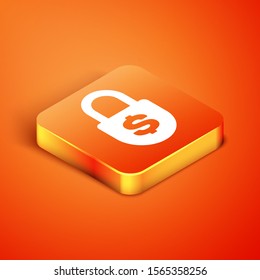 Isometric Money lock icon isolated on orange background. Padlock and dollar symbol. Finance, security, safety, protection, privacy concept.  Vector Illustration