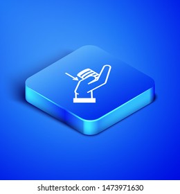 Isometric Money on hand icon isolated on blue background. Palm holds cash with down. Cash salary decrease. Blue square button. Vector Illustration