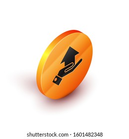 Isometric Money on hand icon isolated on white background. Palm holds cash with arrow up. Cash salary increase. Rising prices. Orange circle button. Vector Illustration