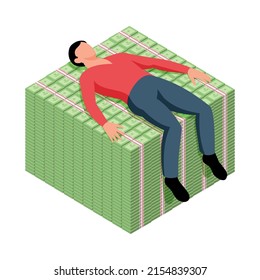 Isometric Money Rich Man Shopping Composition With Human Character Lying On Cube Of Cash Vector Illustration