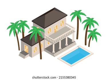 Isometric Money Rich Man Shopping Composition With Isolated View Of Luxury Villa With Pool And Palms Vector Illustration