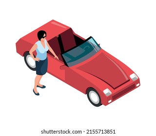 Isometric Money Rich Man Shopping Composition With Human Character Of Woman And Car Vector Illustration